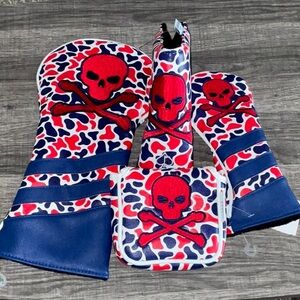 FAUX LEATHER EMBROIDERED SKULL & BONES 4pc.GOLF CLUB COVERS DRIVER BLADE MALLET